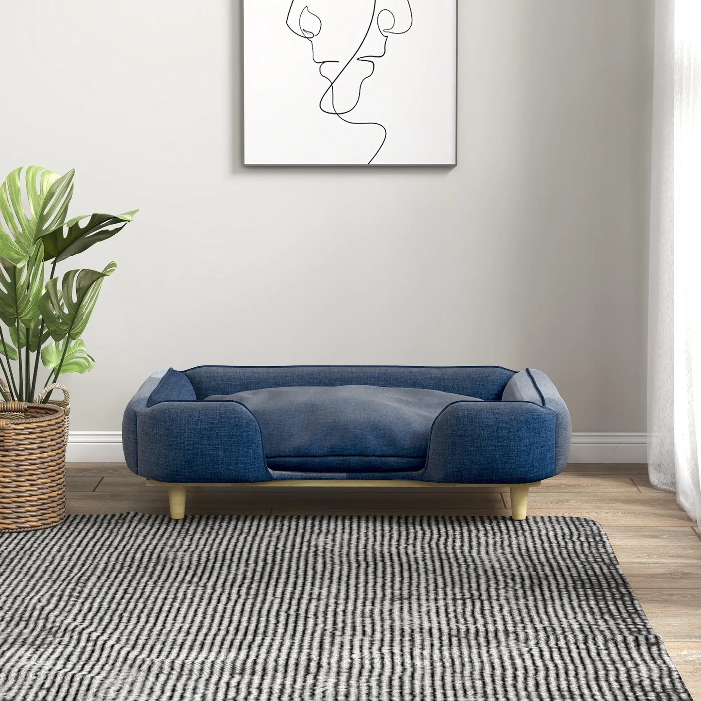 Cama elevada para perros, MARBELLA, con patas de madera y cojín lavable, carga máxima 30 kg 96x66x24 cm Azul - Camadog