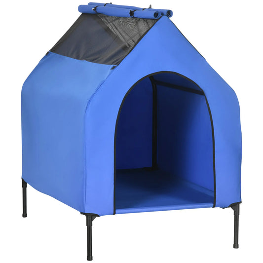 Cama elevada para perro grande con cubierta desmontable DUMBO, con ventanas de malla azul 130x85x121 cm - Camadog