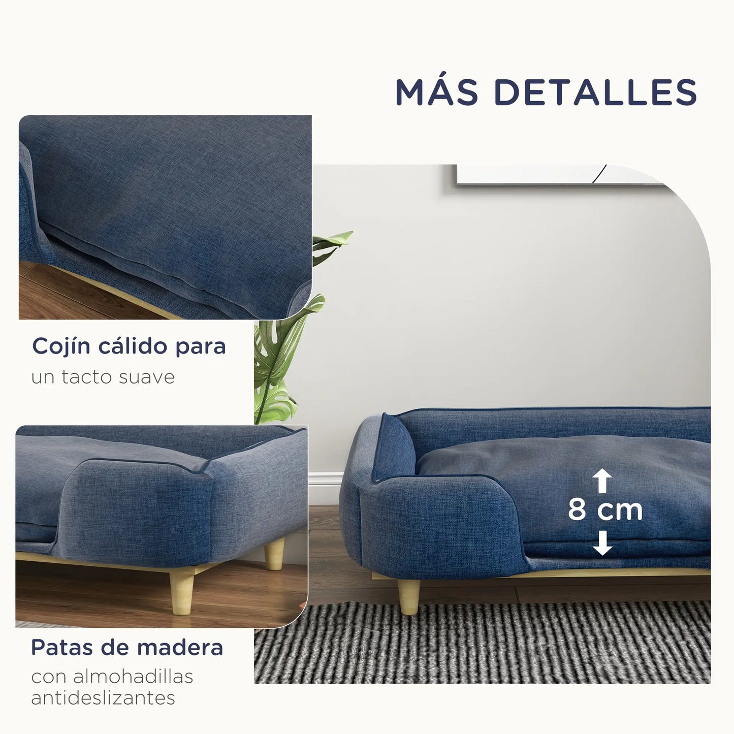 Cama elevada para perros, MARBELLA, con patas de madera y cojín lavable, carga máxima 30 kg 96x66x24 cm Azul - Camadog