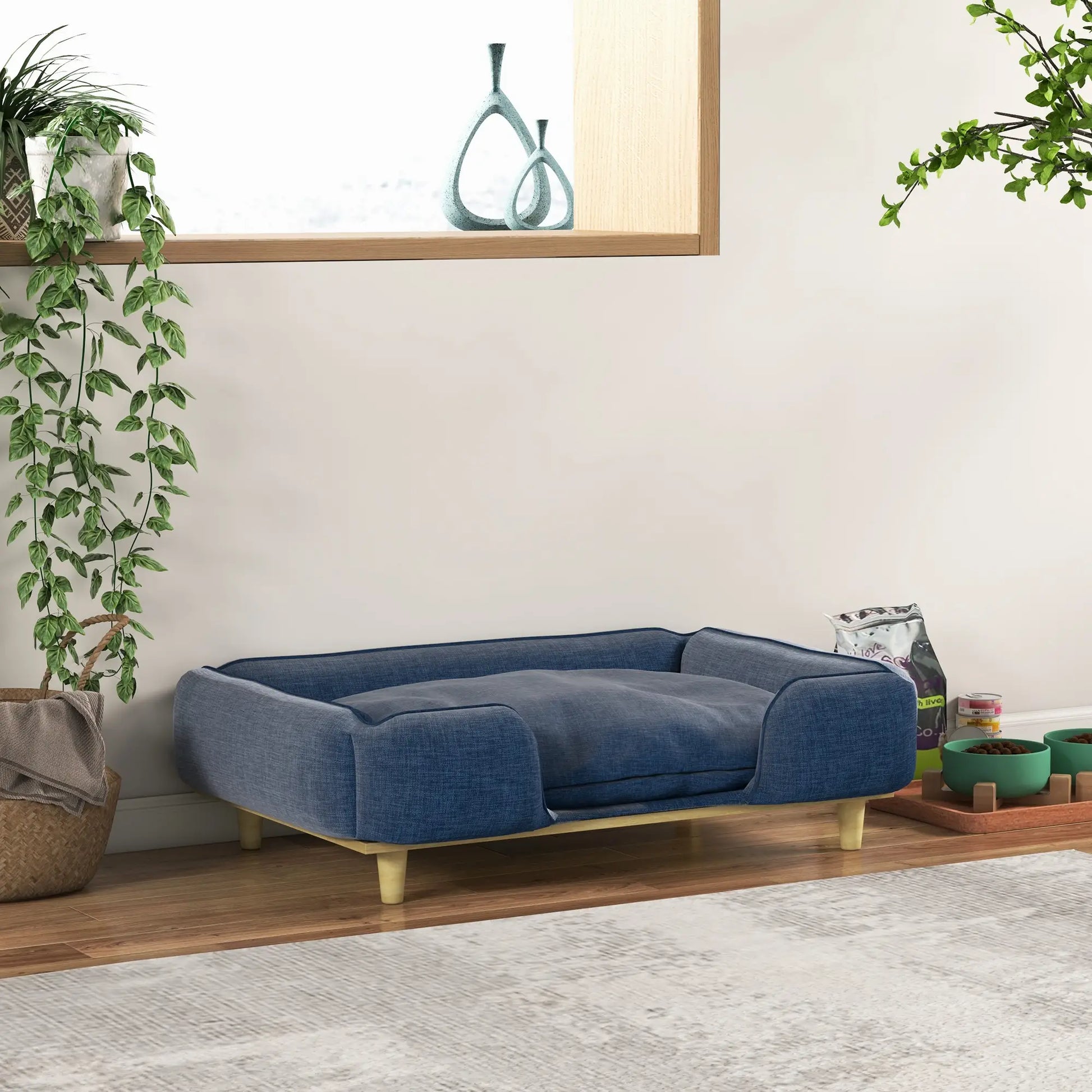 Cama elevada para perros, MARBELLA, con patas de madera y cojín lavable, carga máxima 30 kg 96x66x24 cm Azul - Camadog