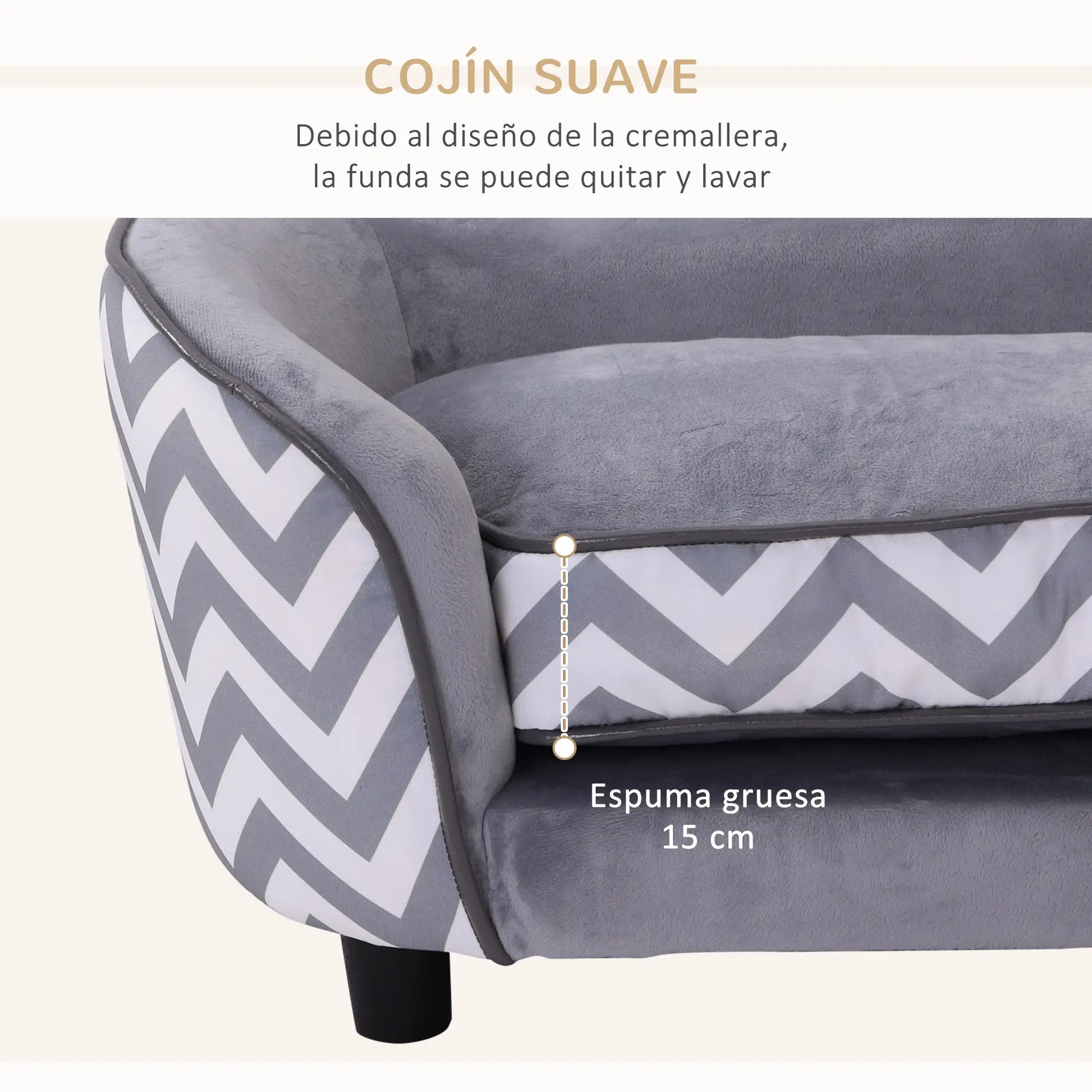 Sofá acolchado elevado para perros CHIGU, de madera, cojín grueso y bolsillo de almacenaje 68,5x40,5x40,5 cm Grise - Camadog