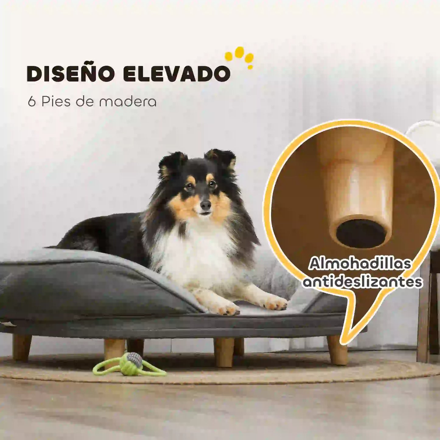 Sofá para perros TEO, con parte superior desenfundable y patas de madera carga 25kg 90x78x25 cm Gris - Camadog