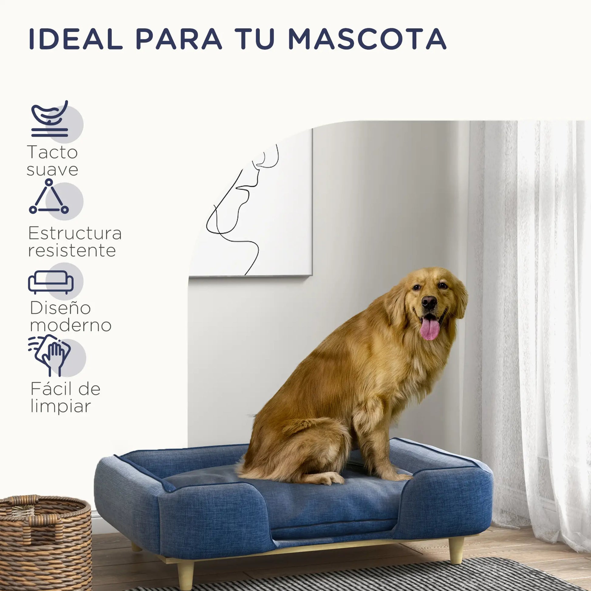 Cama elevada para perros, MARBELLA, con patas de madera y cojín lavable, carga máxima 30 kg 96x66x24 cm Azul - Camadog