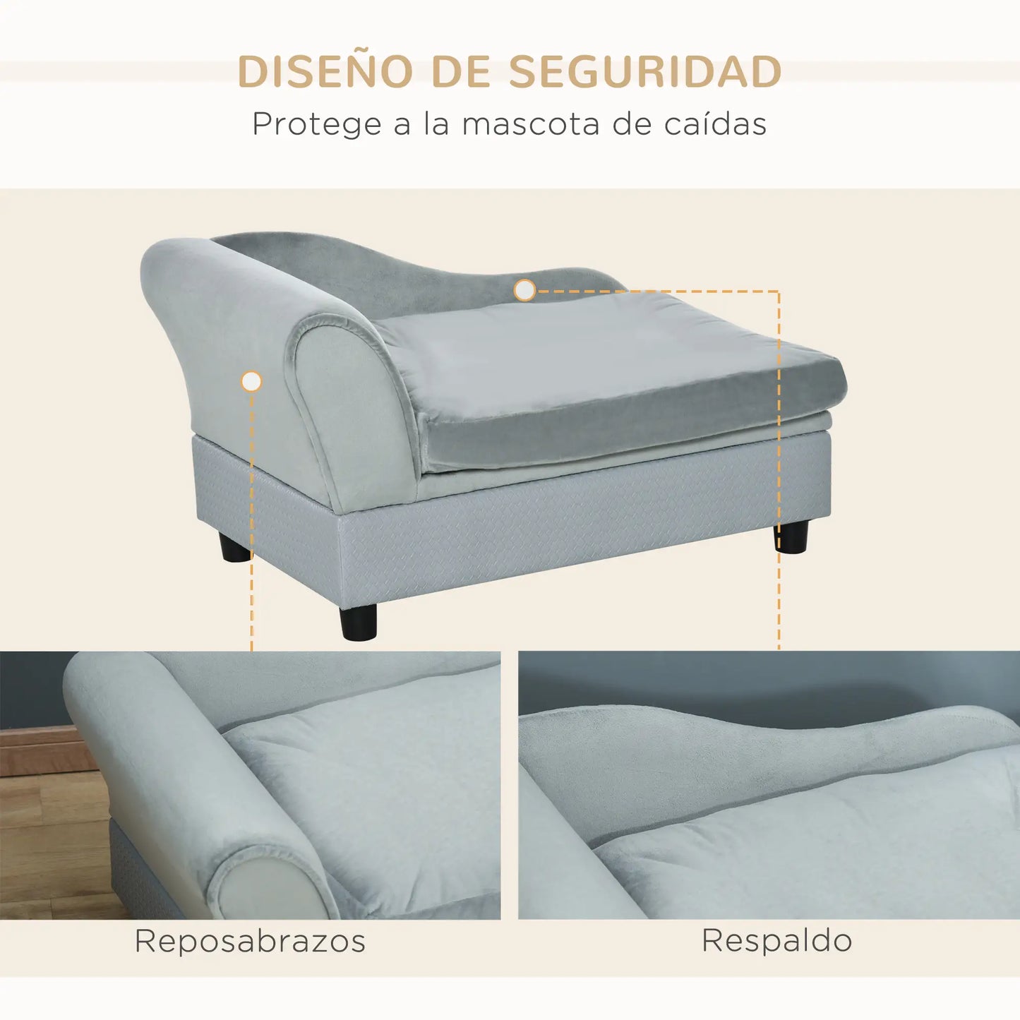 Sofá para perros con almacenaje oculto y cojín diván ,VIDU, soporte de hasta 10 kg 76x45x43 cm Gris Claro - Camadog