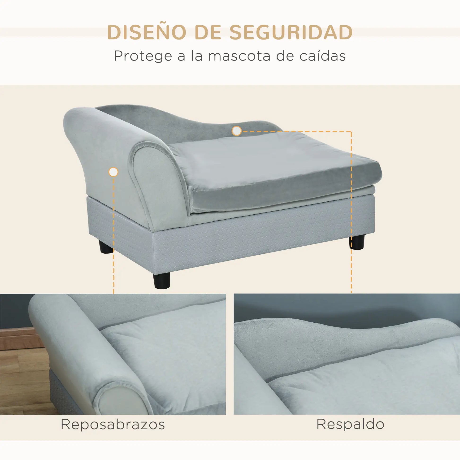 Sofá para perros con almacenaje oculto y cojín diván ,VIDU, soporte de hasta 10 kg 76x45x43 cm Gris Claro - Camadog