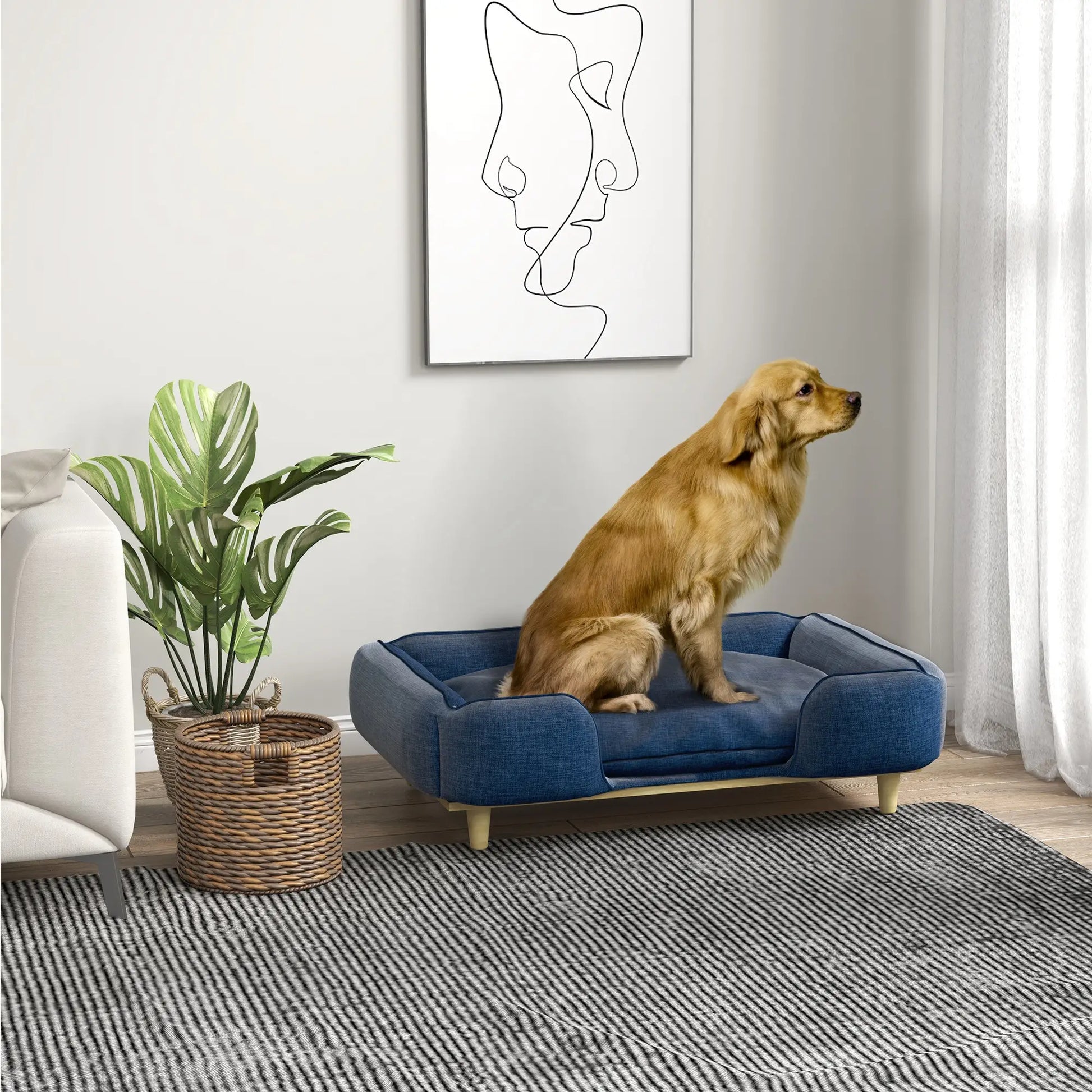 Cama elevada para perros, MARBELLA, con patas de madera y cojín lavable, carga máxima 30 kg 96x66x24 cm Azul - Camadog