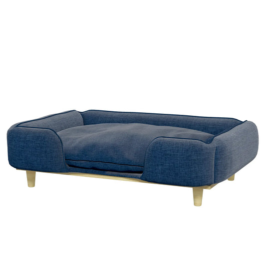 Cama elevada para perros, MARBELLA, con patas de madera y cojín lavable, carga máxima 30 kg 96x66x24 cm Azul - Camadog