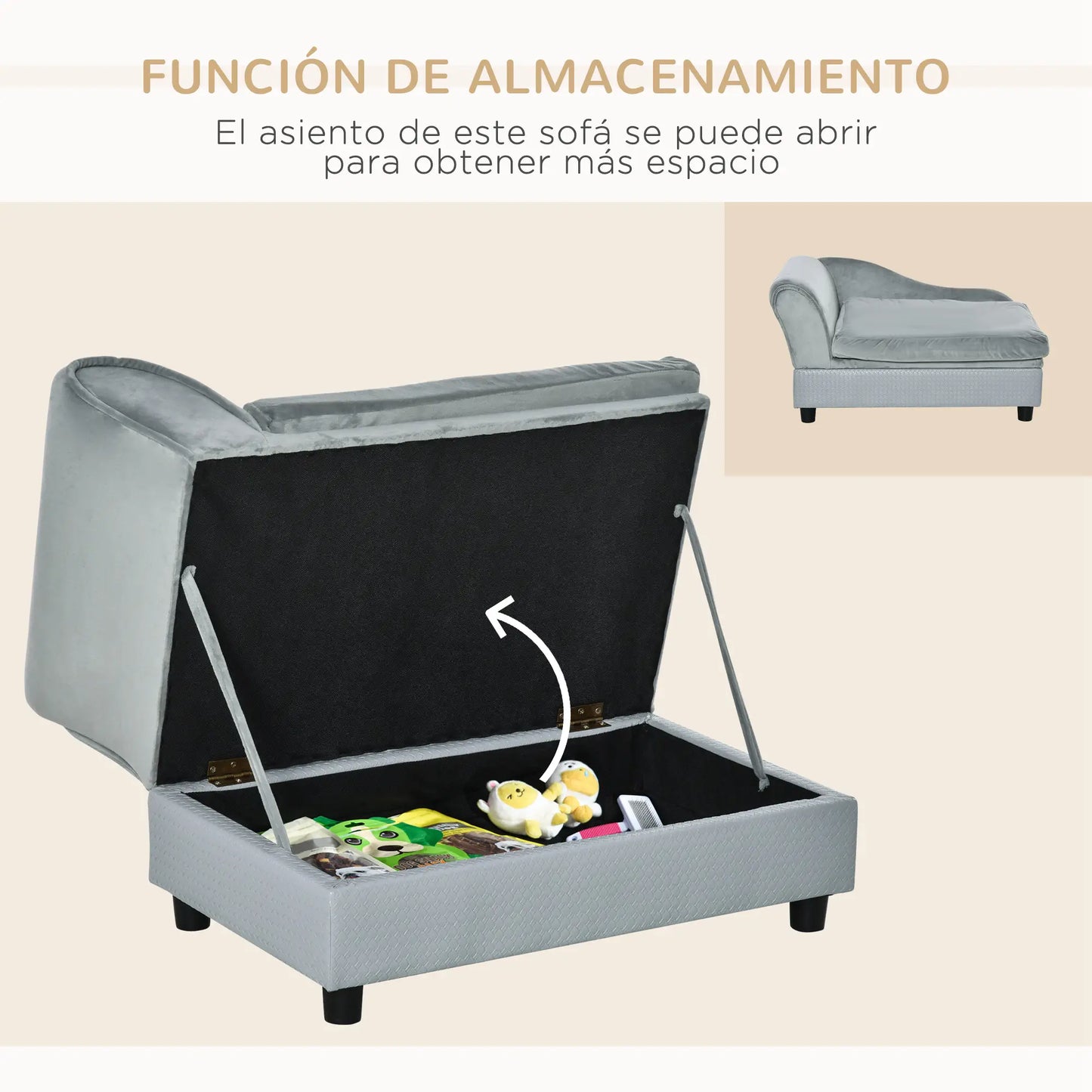 Sofá para perros con almacenaje oculto y cojín diván ,VIDU, soporte de hasta 10 kg 76x45x43 cm Gris Claro - Camadog