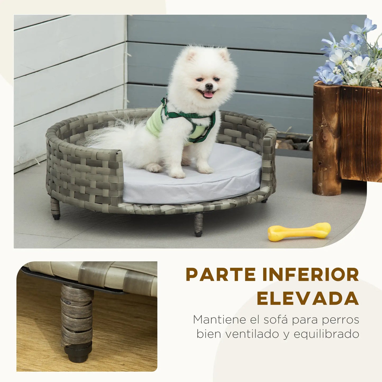 Sofá para perros ,IBIZA, de ratán sintético redonda con cojín impermeable y lavable para interior y exterior Ø60x20 cm Gris - Camadog