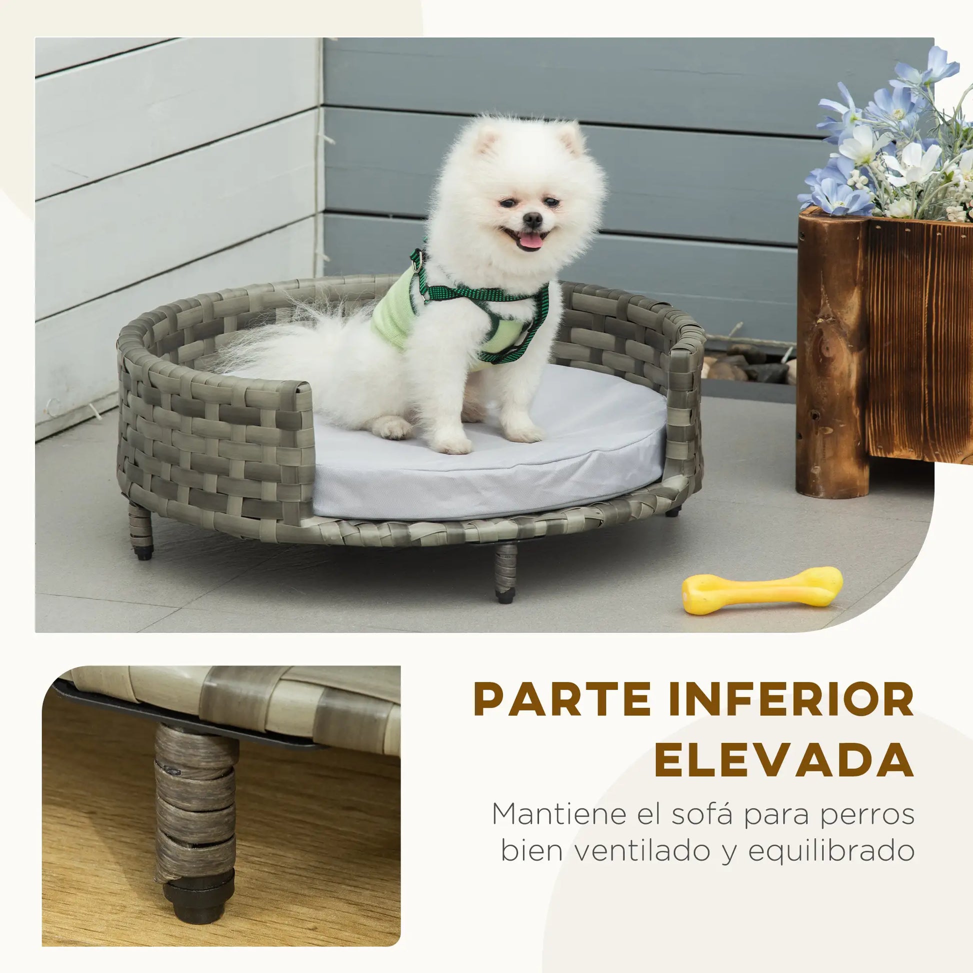Sofá para perros ,IBIZA, de ratán sintético redonda con cojín impermeable y lavable para interior y exterior Ø60x20 cm Gris - Camadog