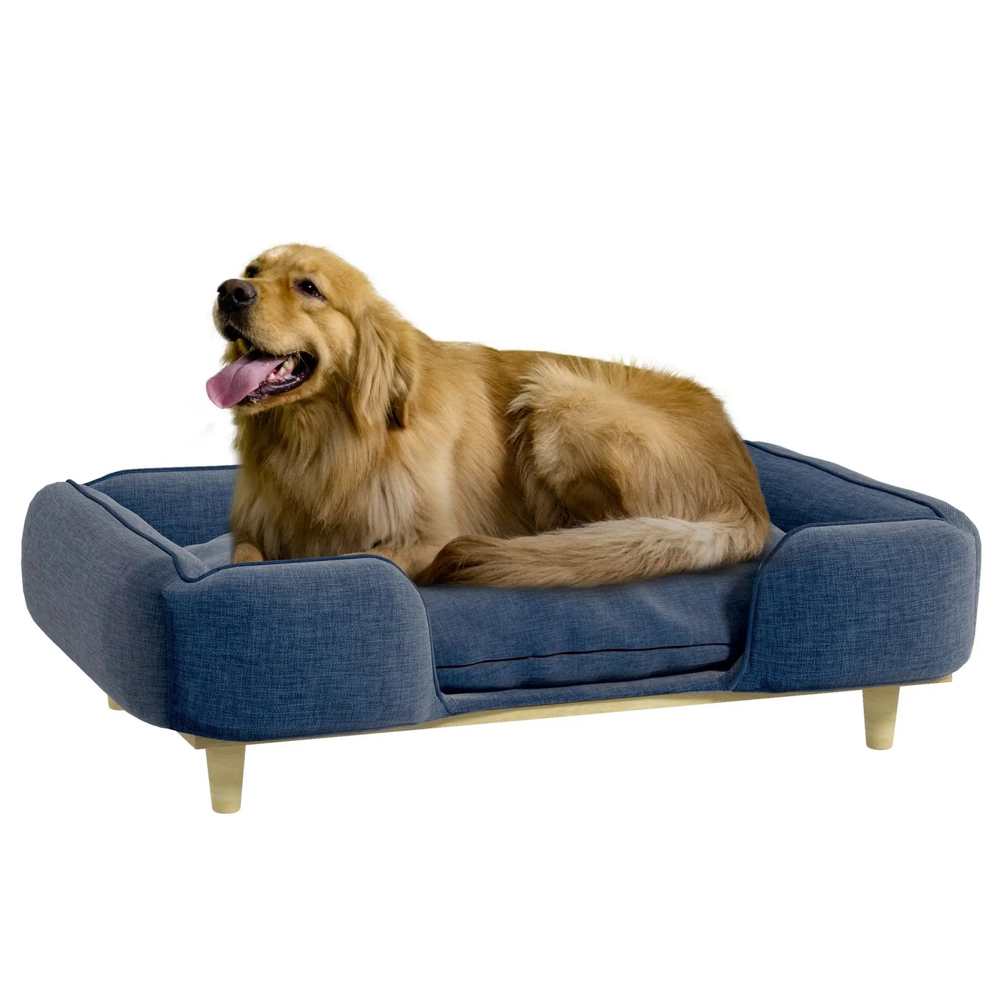 Cama elevada para perros, MARBELLA, con patas de madera y cojín lavable, carga máxima 30 kg 96x66x24 cm Azul - Camadog