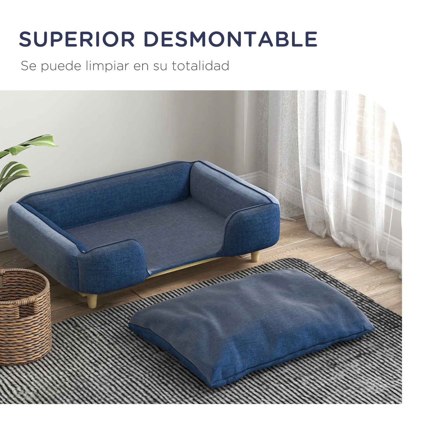 Cama elevada para perros, MARBELLA, con patas de madera y cojín lavable, carga máxima 30 kg 96x66x24 cm Azul - Camadog