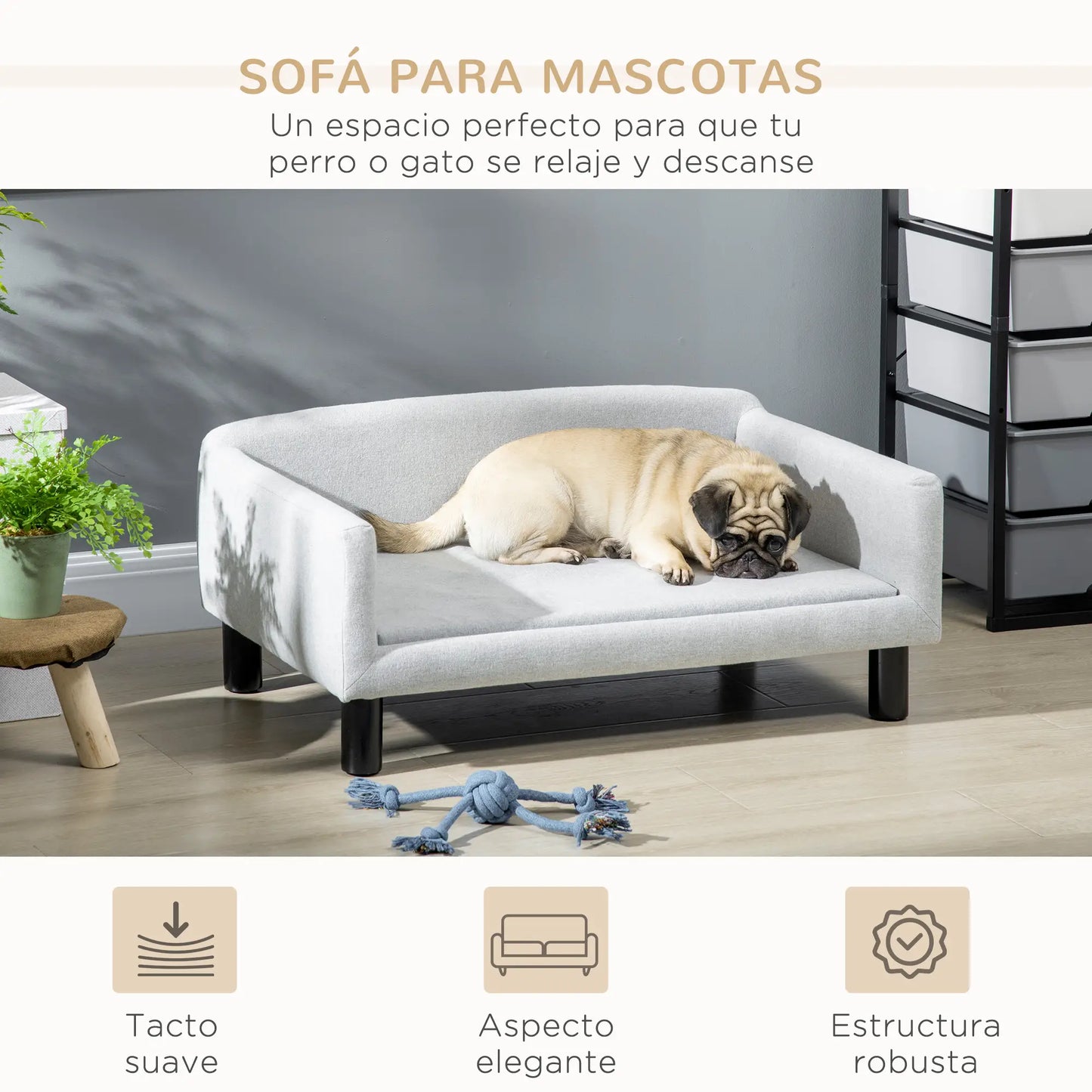 Sofá para perros medianos SANTIAGO, con patas de madera y 20 kg de soporte 82x54x36cm gris - Camadog