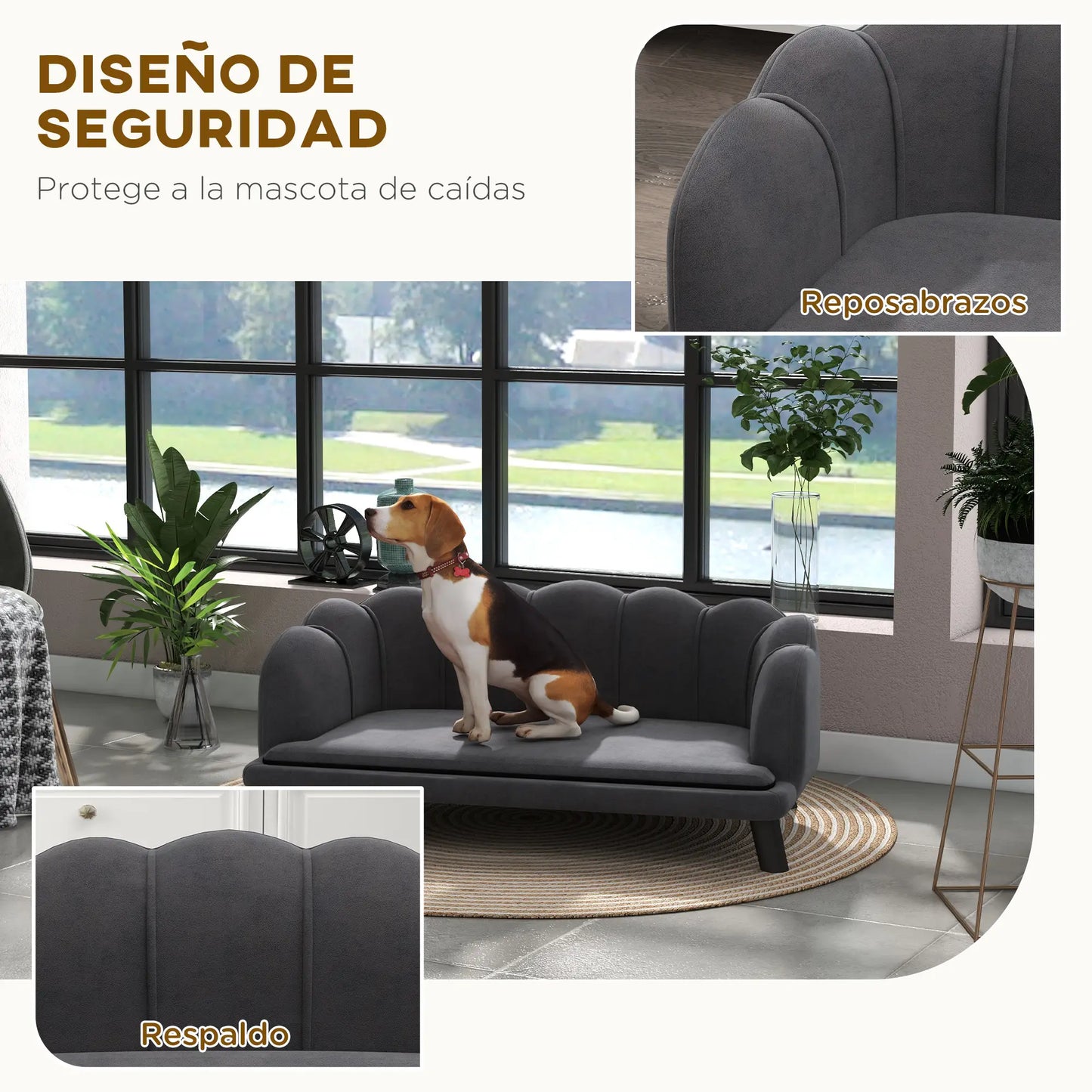 Sofá para perros medianos SOFÍA, tapizado en terciopelo con patas de madera 98,5x60,5x35,5 cm Gris - Camadog