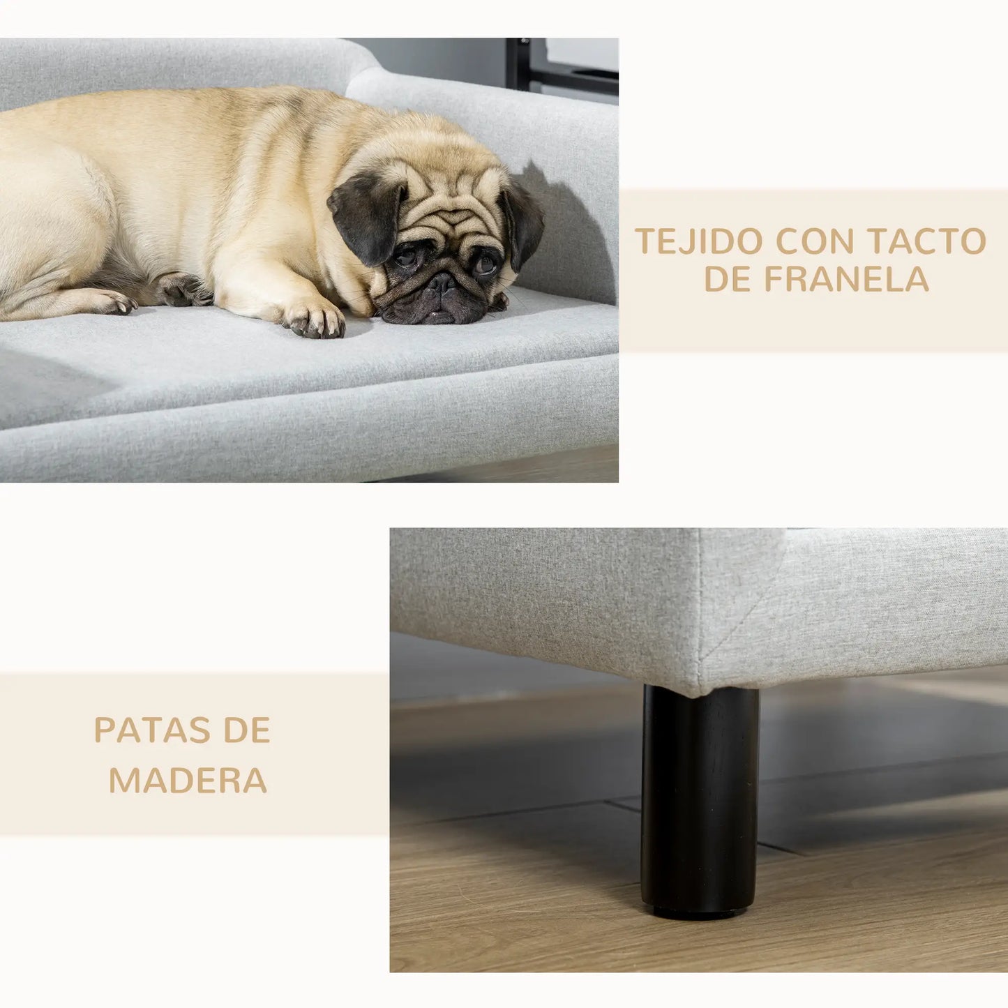 Sofá para perros medianos SANTIAGO, con patas de madera y 20 kg de soporte 82x54x36cm gris - Camadog