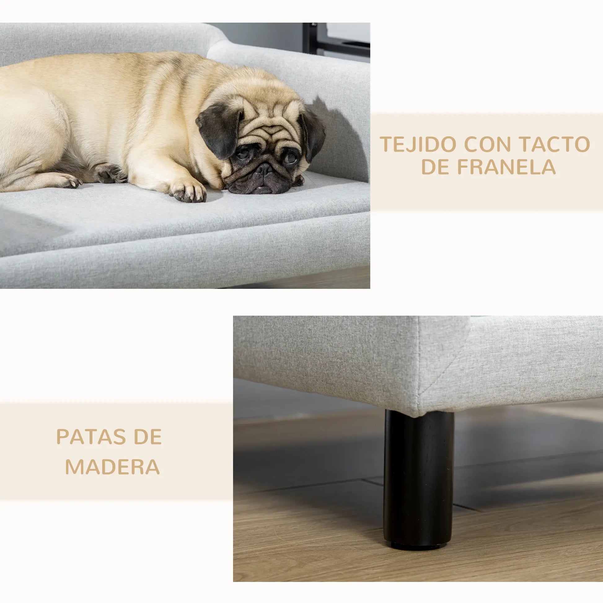 Sofá para perros medianos SANTIAGO, con patas de madera y 20 kg de soporte 82x54x36cm gris - Camadog