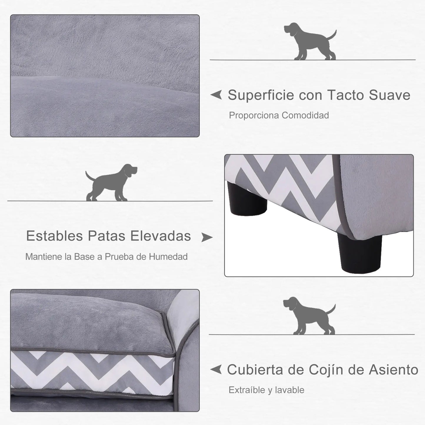 Sofá para perros VICTORIA, con patas de madera con cojín acolchado y funda desenfundable y lavable 73,5x41x33cm gris - Camadog