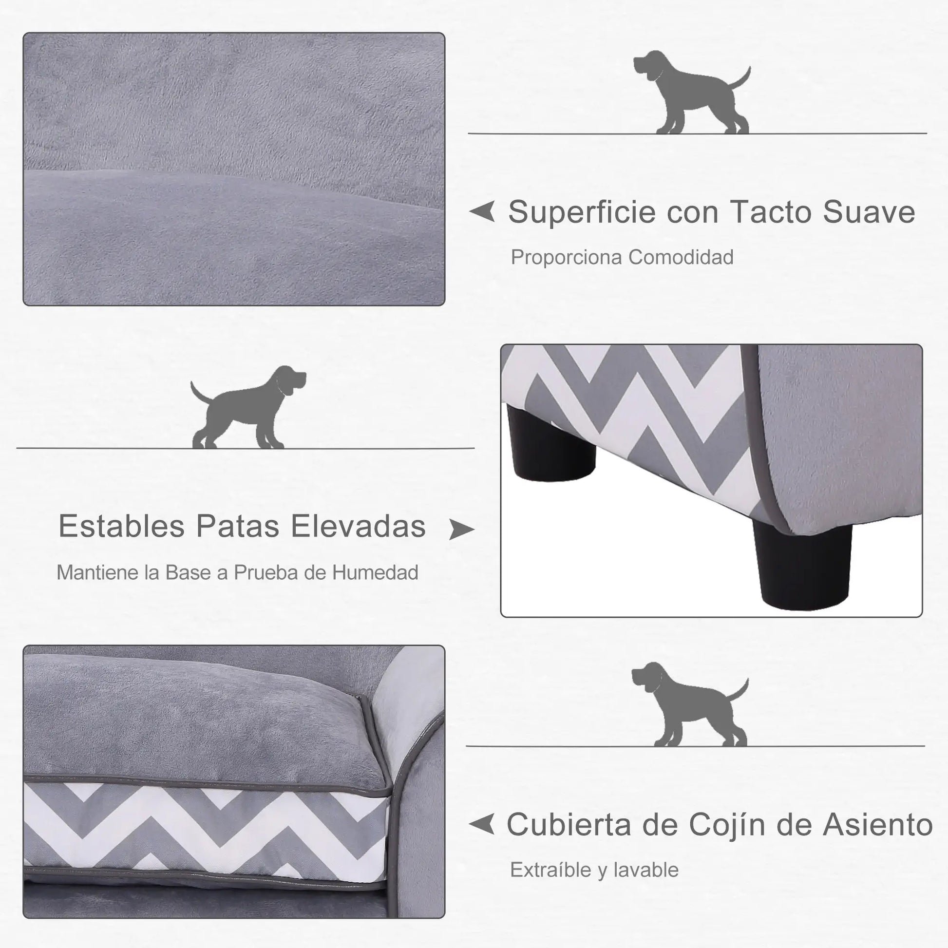 Sofá para perros VICTORIA, con patas de madera con cojín acolchado y funda desenfundable y lavable 73,5x41x33cm gris - Camadog