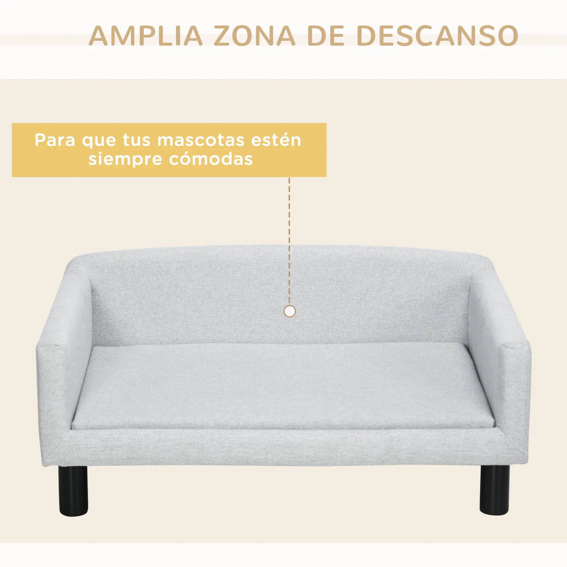 Sofá para perros medianos SANTIAGO, con patas de madera y 20 kg de soporte 82x54x36cm gris - Camadog