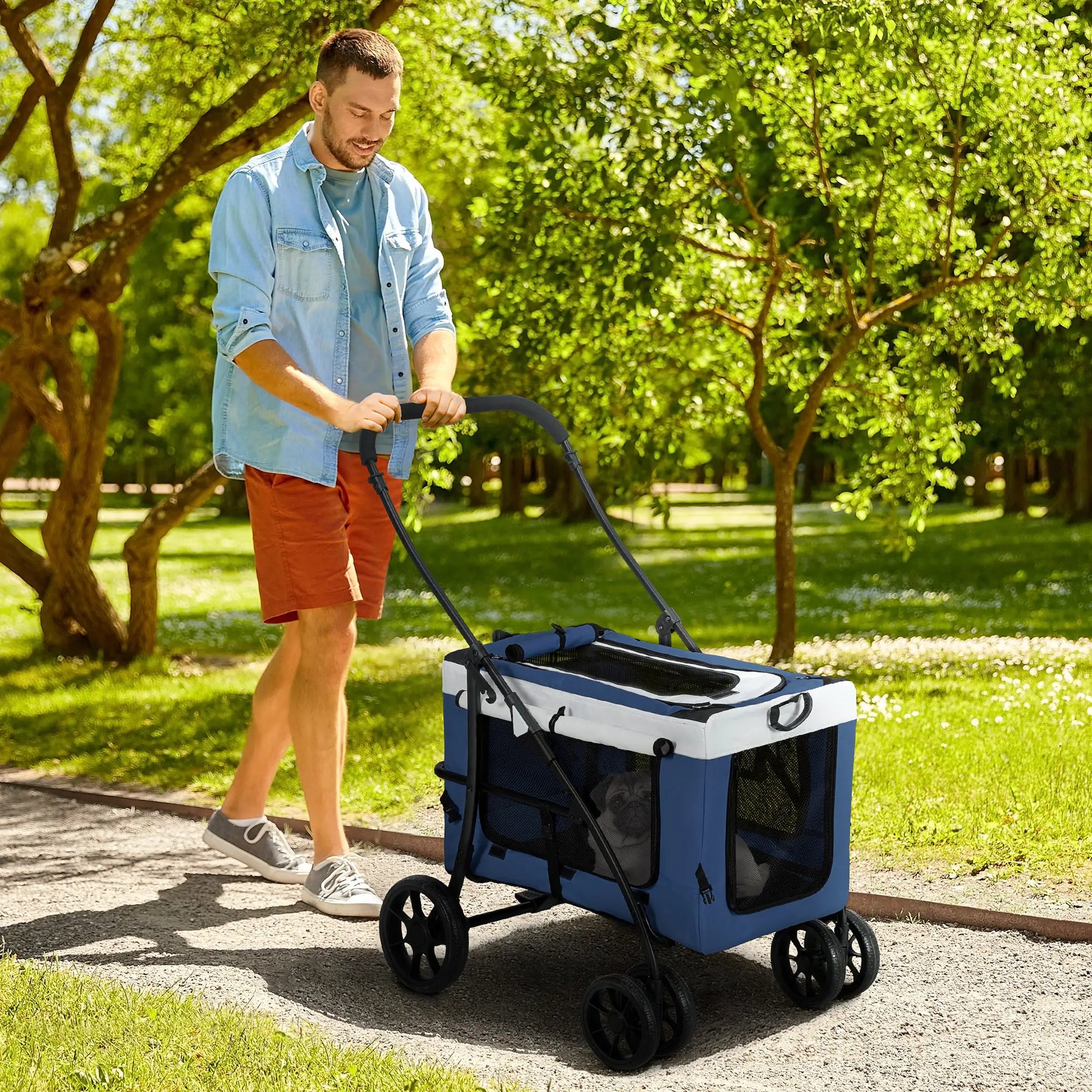 Carrito para perros plegable con vagón desmontable CALVIN, 4 puertas con cremallera, 2 correas de seguridad y cojín. - Camadog