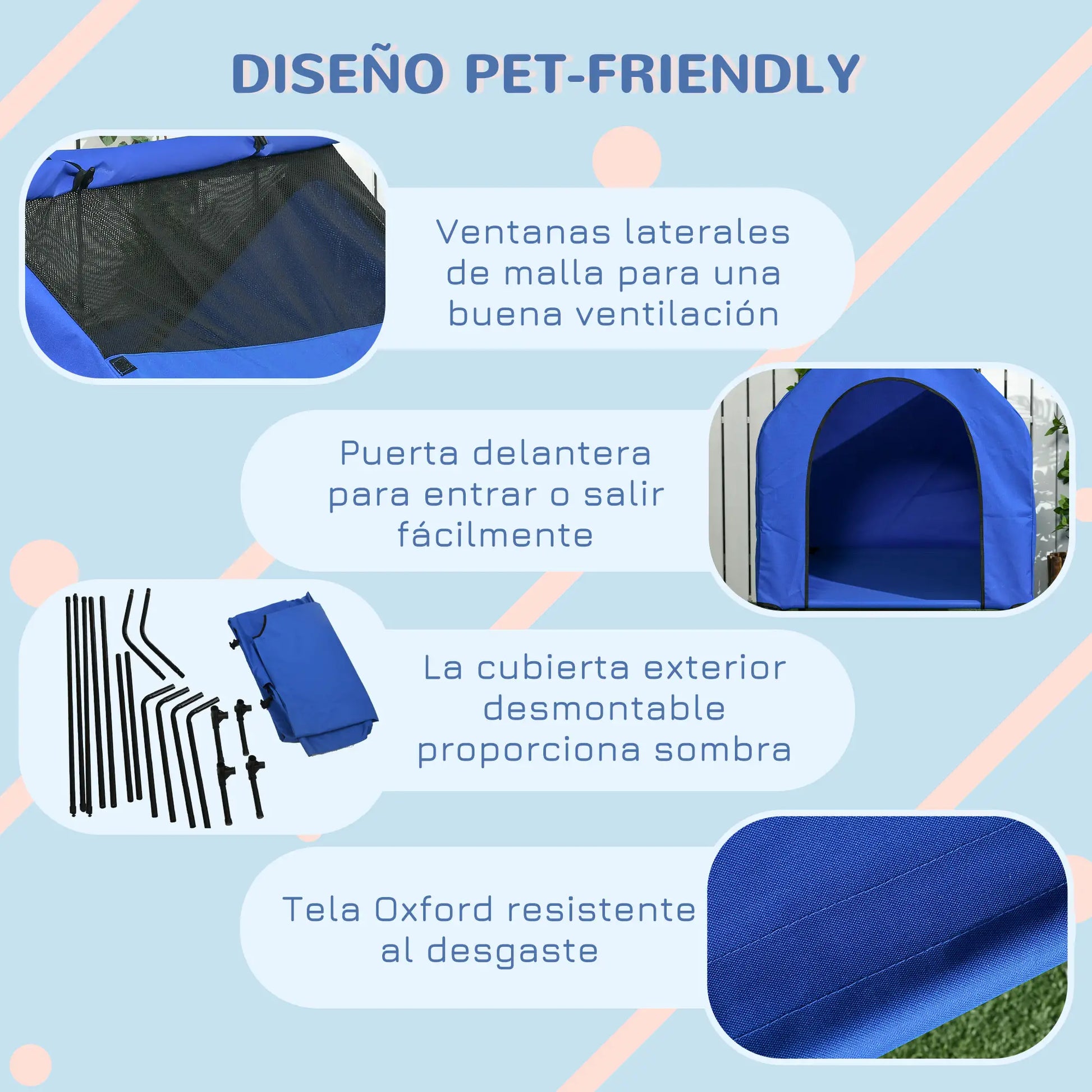 Cama elevada para perro grande con cubierta desmontable DUMBO, con ventanas de malla azul 130x85x121 cm - Camadog