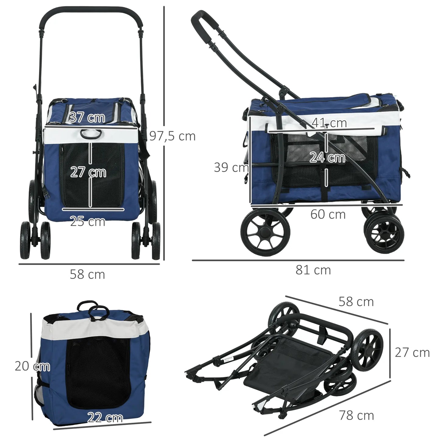 Carrito para perros plegable con vagón desmontable CALVIN, 4 puertas con cremallera, 2 correas de seguridad y cojín. - Camadog