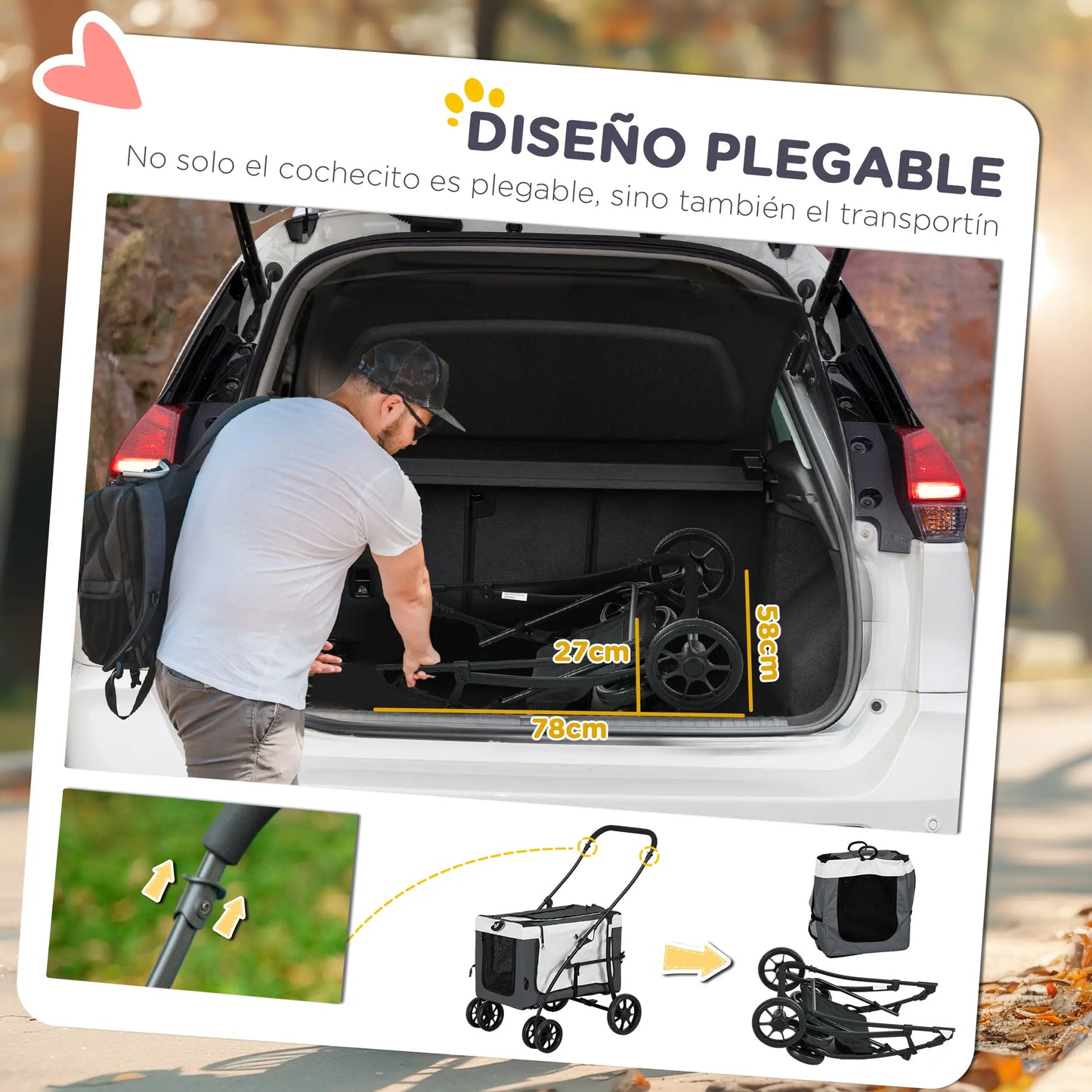 Carrito para perros plegable con vagón desmontable ,JUMBO, 4 puertas con cremallera, 2 correas de seguridad y cojín - Camadog