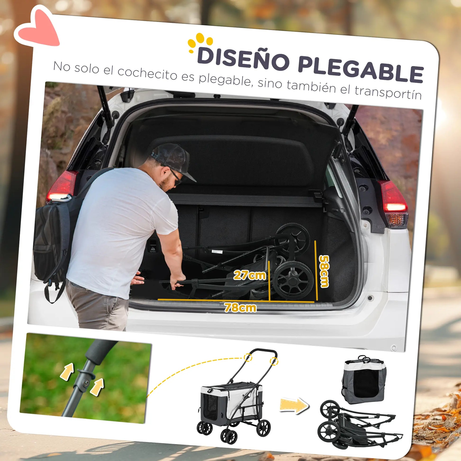 Carrito para perros plegable con vagón desmontable ,JUMBO, 4 puertas con cremallera, 2 correas de seguridad y cojín - Camadog