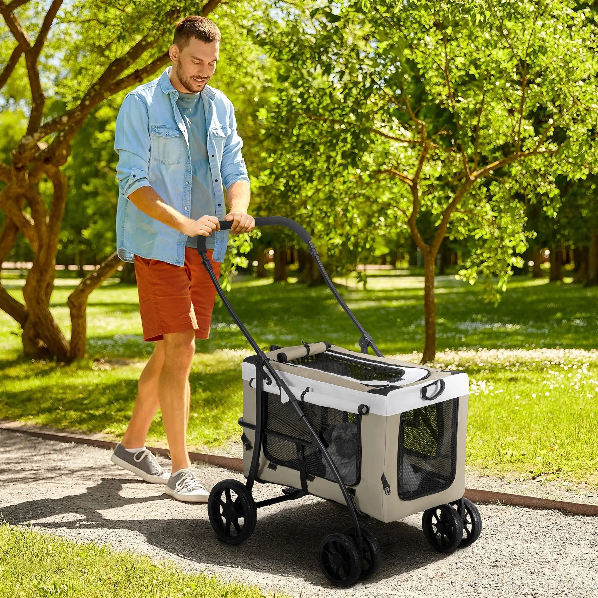 Carrito para perros plegable con vagón desmontable ,JUMBO, 4 puertas con cremallera, 2 correas de seguridad y cojín - Camadog