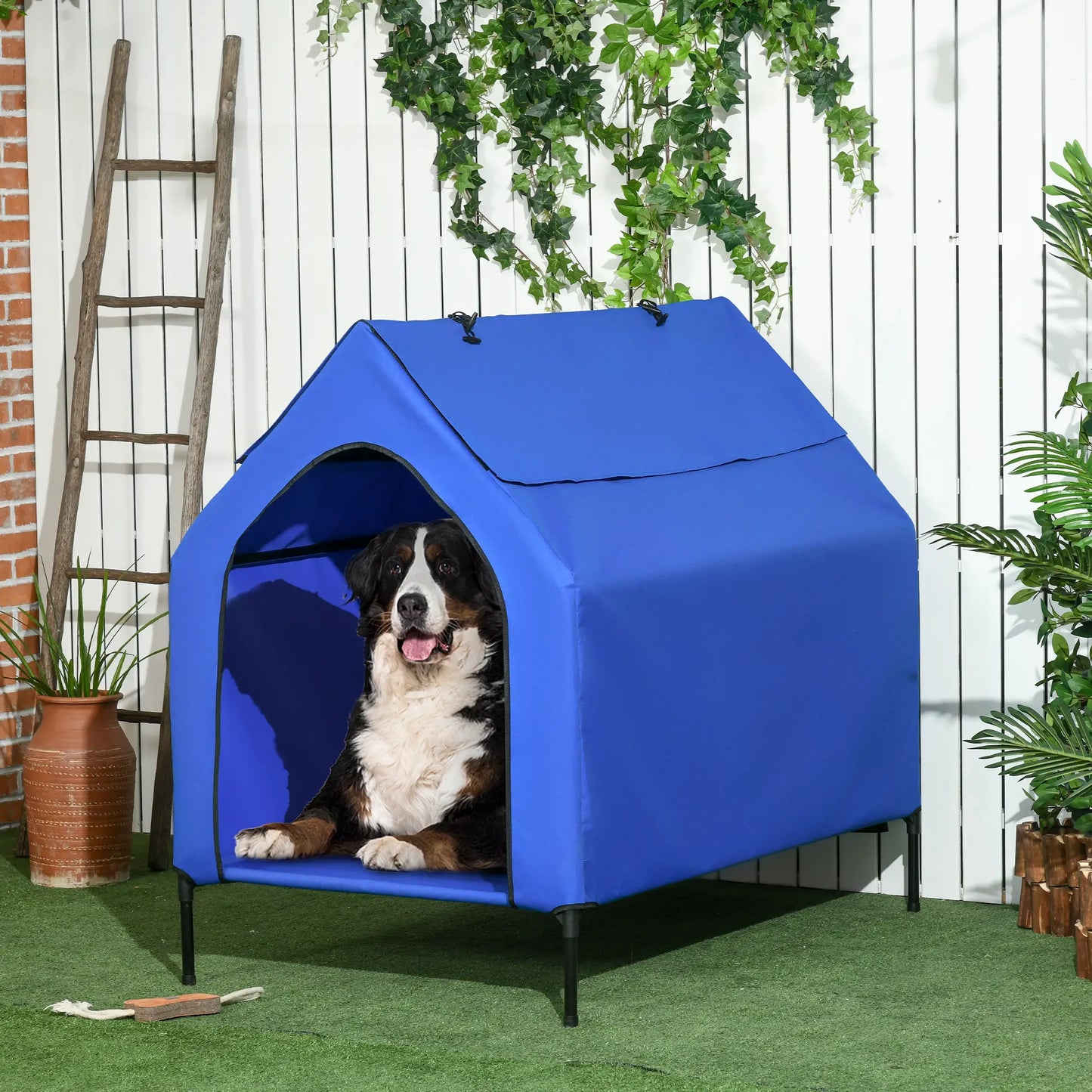 Cama elevada para perro grande con cubierta desmontable DUMBO, con ventanas de malla azul 130x85x121 cm - Camadog
