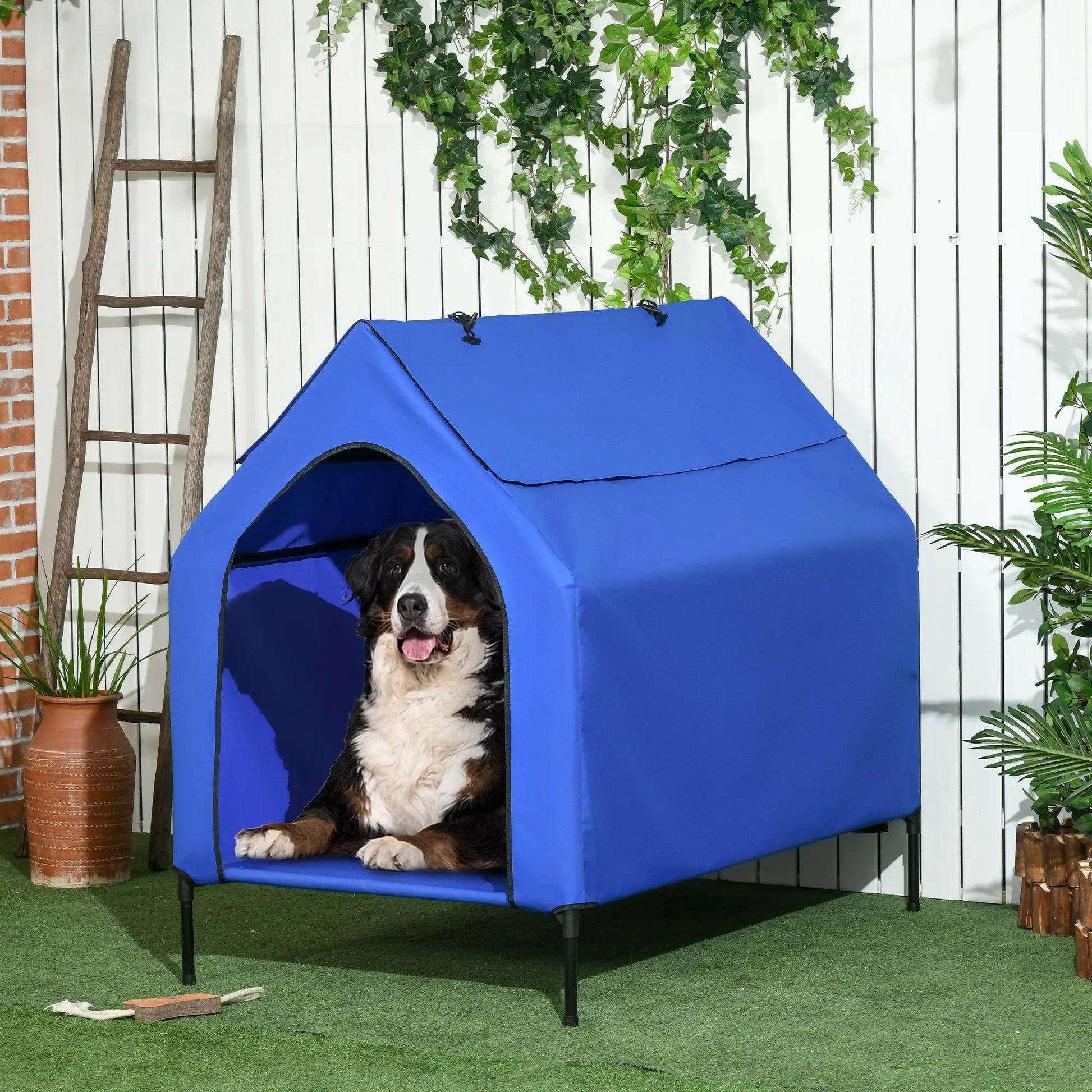 Cama elevada para perro grande con cubierta desmontable DUMBO, con ventanas de malla azul 130x85x121 cm - Camadog