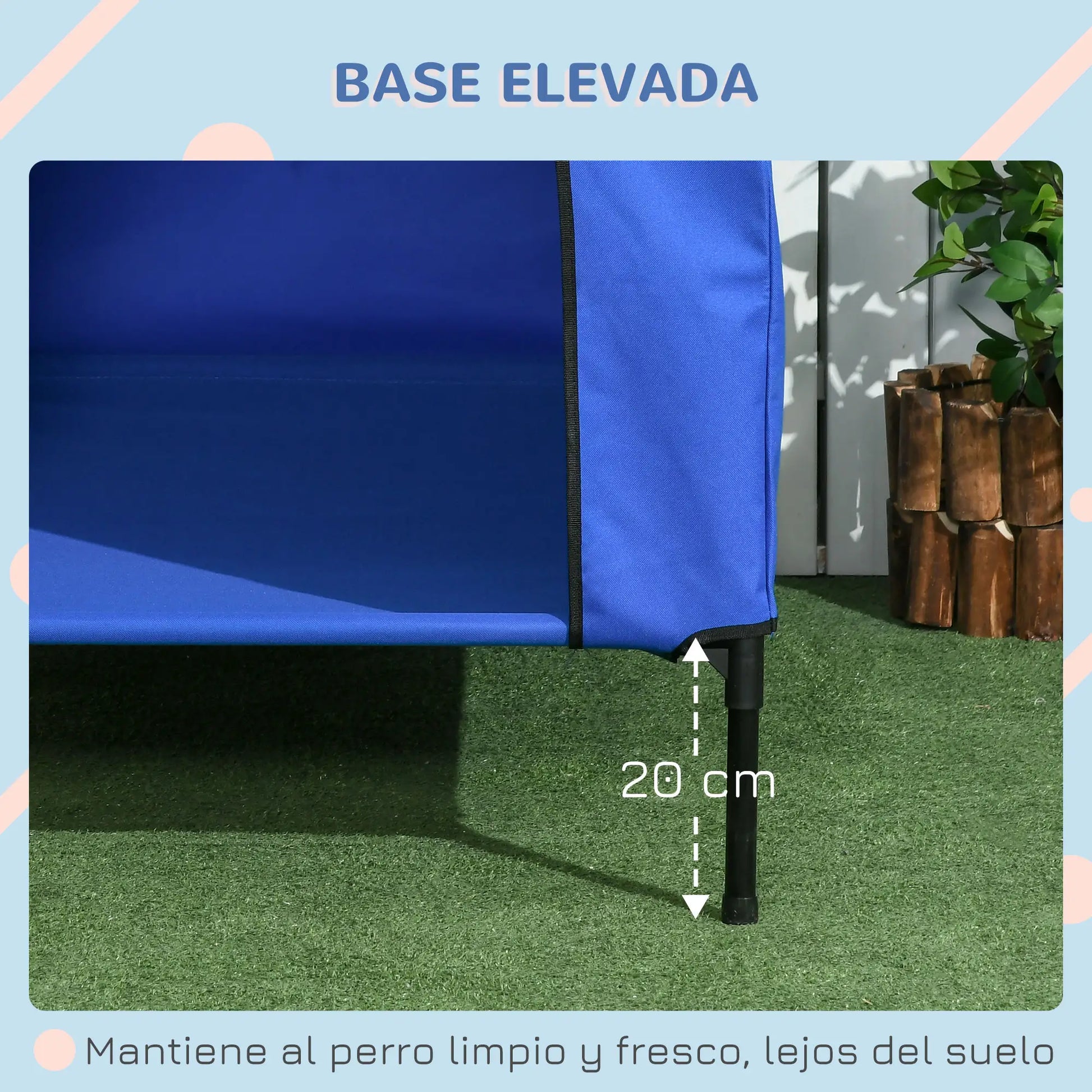 Cama elevada para perro grande con cubierta desmontable DUMBO, con ventanas de malla azul 130x85x121 cm - Camadog