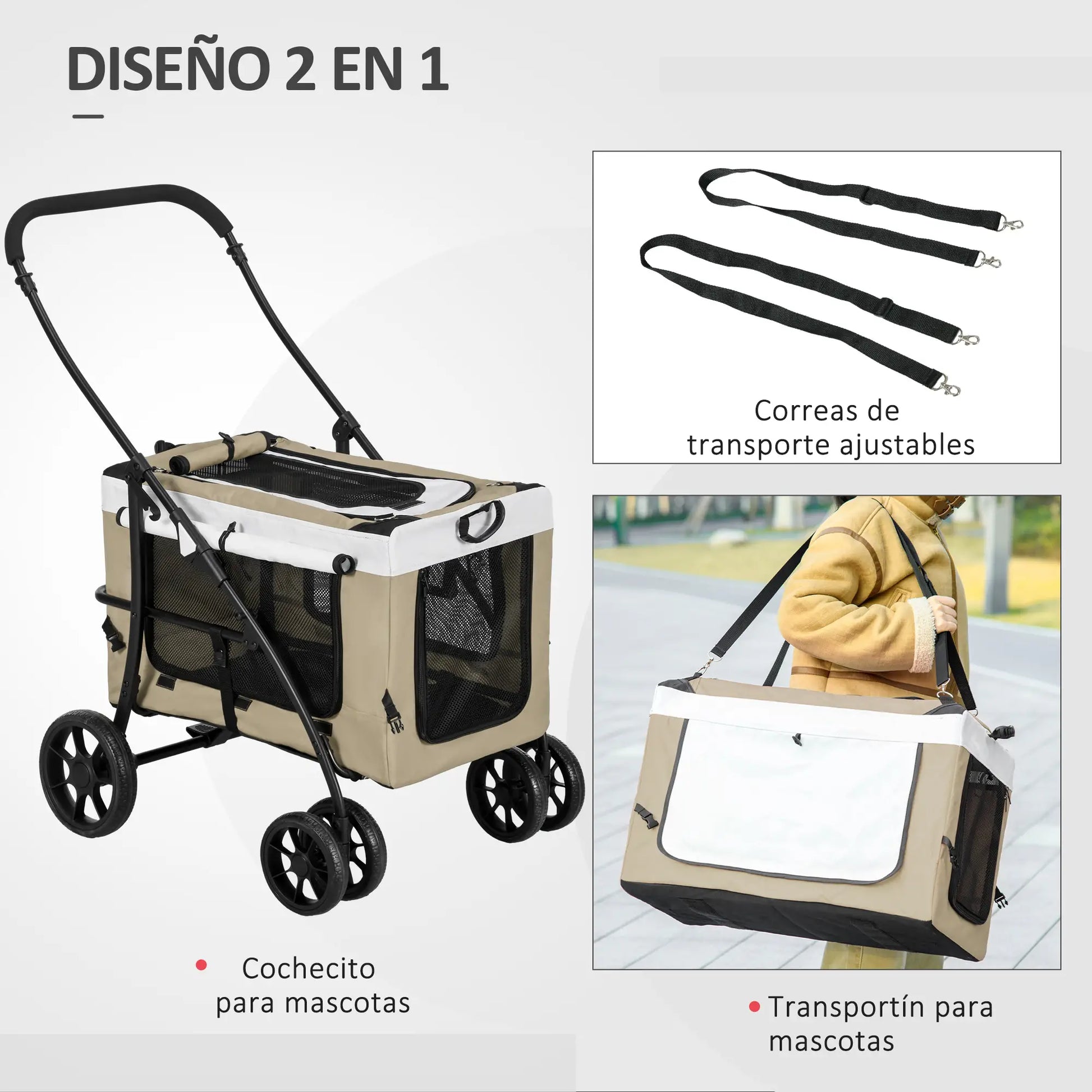 Carrito para perros plegable con vagón desmontable ,JUMBO, 4 puertas con cremallera, 2 correas de seguridad y cojín - Camadog