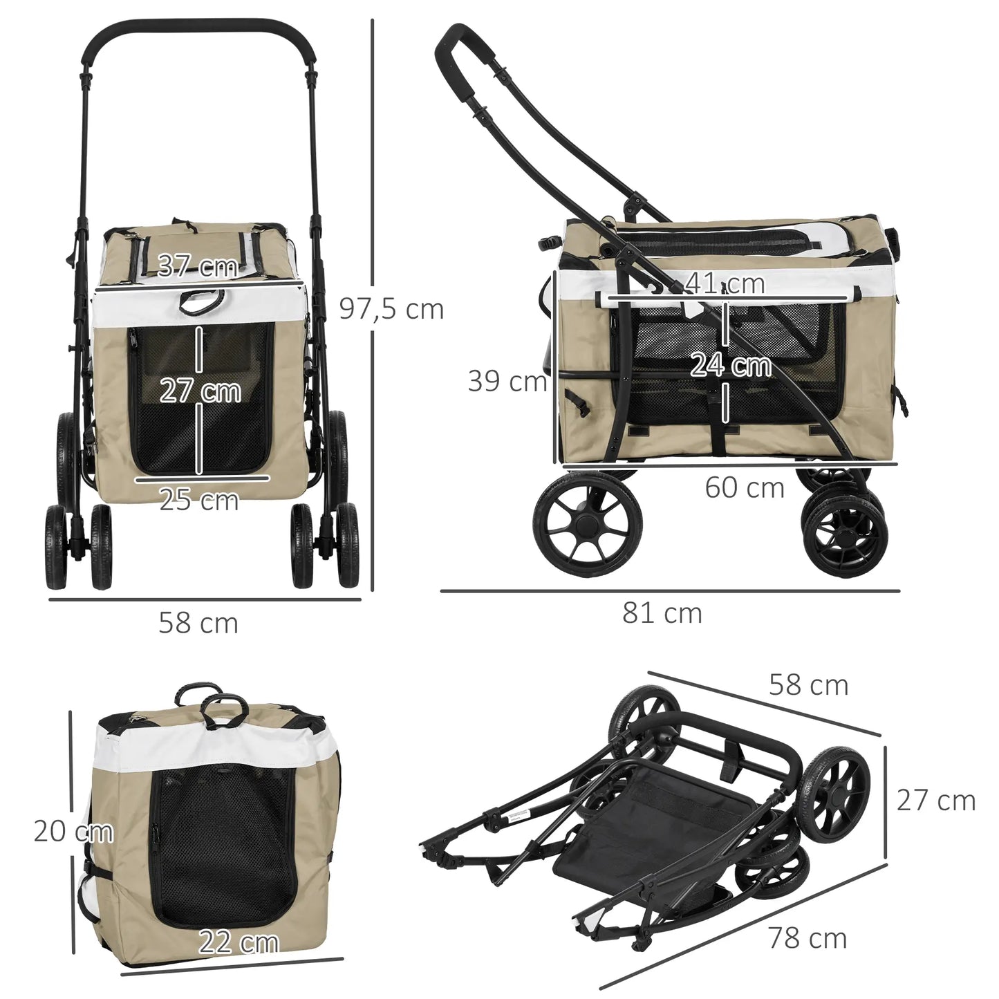 Carrito para perros plegable con vagón desmontable ,JUMBO, 4 puertas con cremallera, 2 correas de seguridad y cojín - Camadog