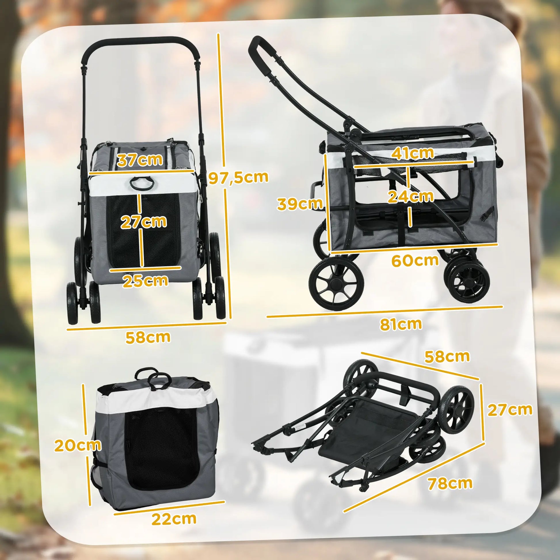 Carrito para perros plegable con vagón desmontable ,JUMBO, 4 puertas con cremallera, 2 correas de seguridad y cojín - Camadog
