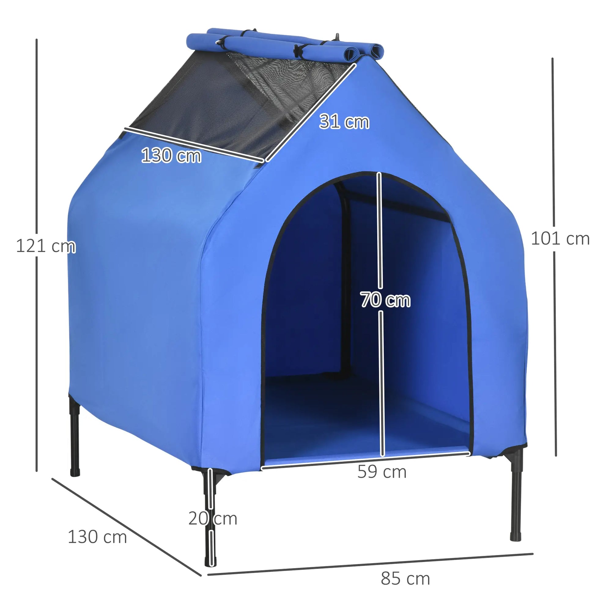 Cama elevada para perro grande con cubierta desmontable DUMBO, con ventanas de malla azul 130x85x121 cm - Camadog