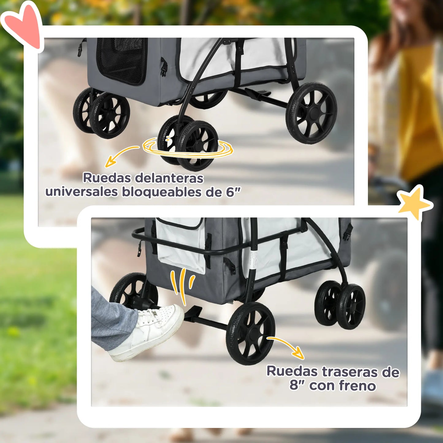 Carrito para perros plegable con vagón desmontable ,JUMBO, 4 puertas con cremallera, 2 correas de seguridad y cojín - Camadog