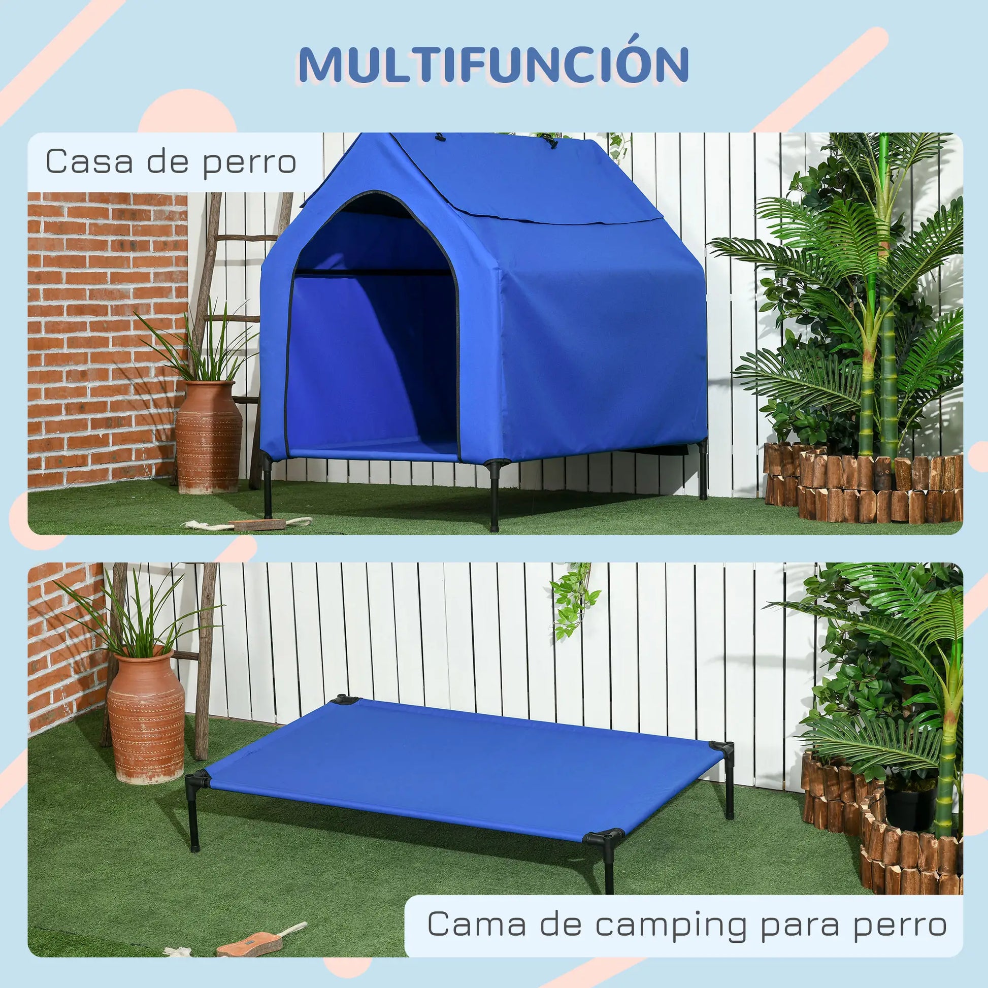 Cama elevada para perro grande con cubierta desmontable DUMBO, con ventanas de malla azul 130x85x121 cm - Camadog