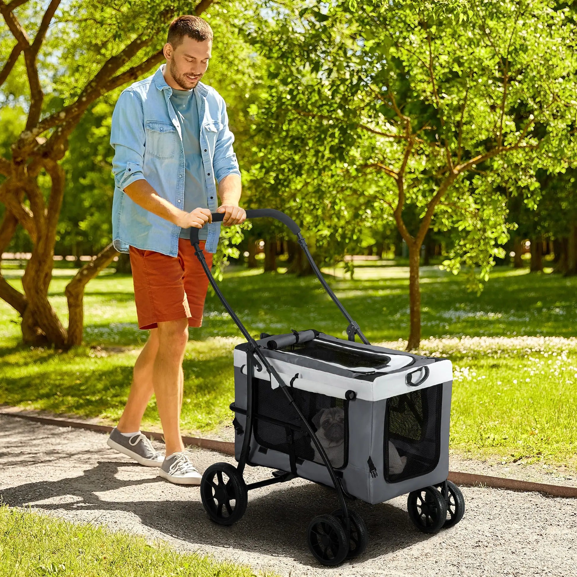 Carrito para perros plegable con vagón desmontable ,JUMBO, 4 puertas con cremallera, 2 correas de seguridad y cojín - Camadog